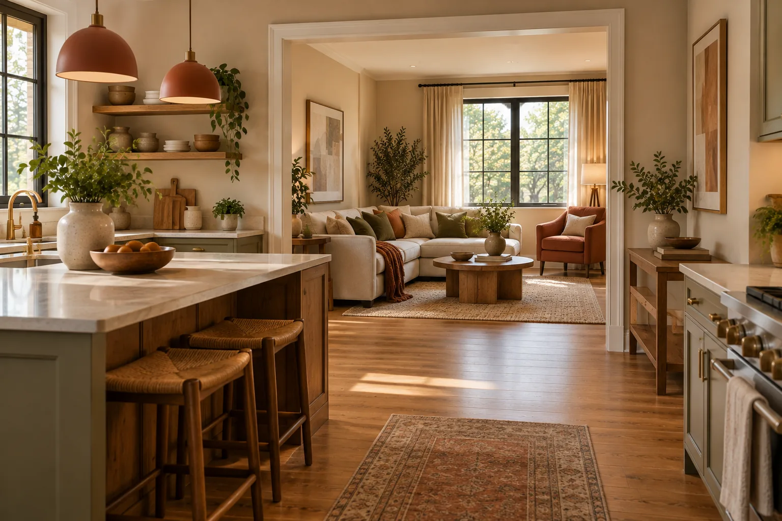 A view from an open-plan kitchen into an adjoining living room, both spaces sharing the same warm neutral wall color and consistent accent tones