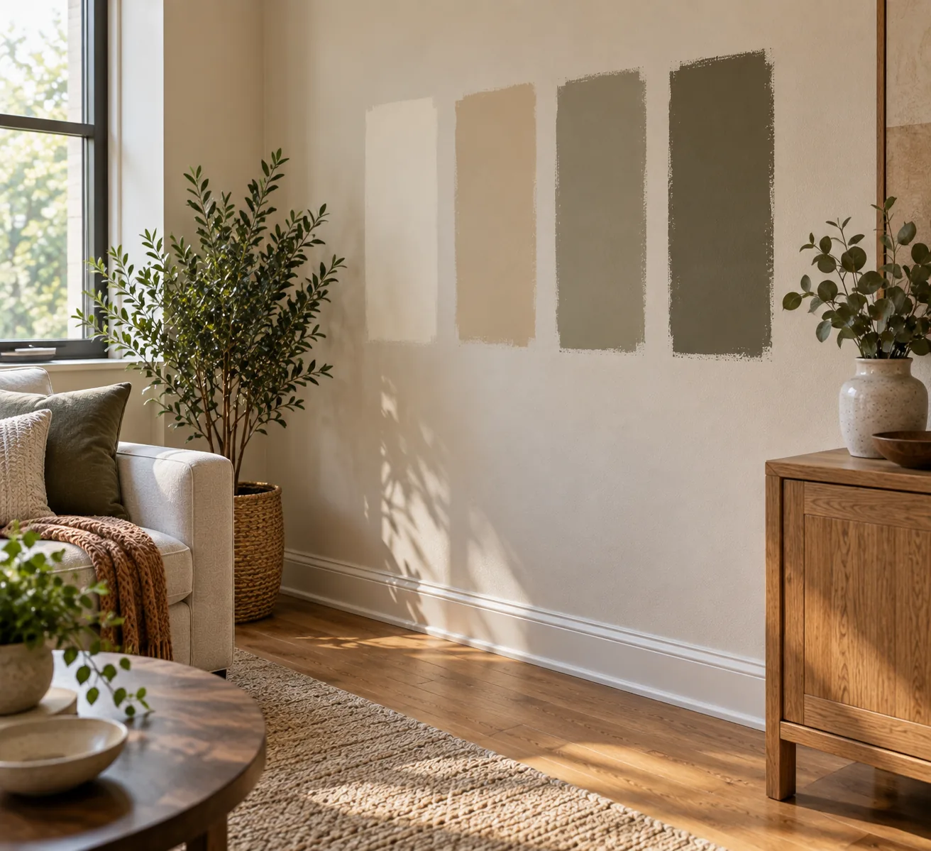 Several paint swatch samples brushed directly onto a living room wall next to the existing flooring and furniture, being compared in natural daylight