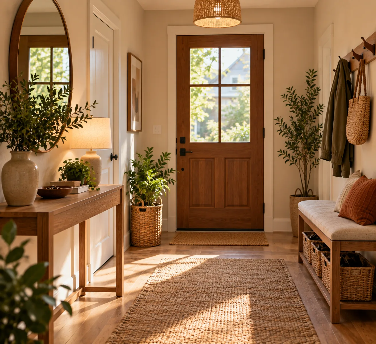 A well-designed small entryway with a console, tray, mirror, and bench with baskets