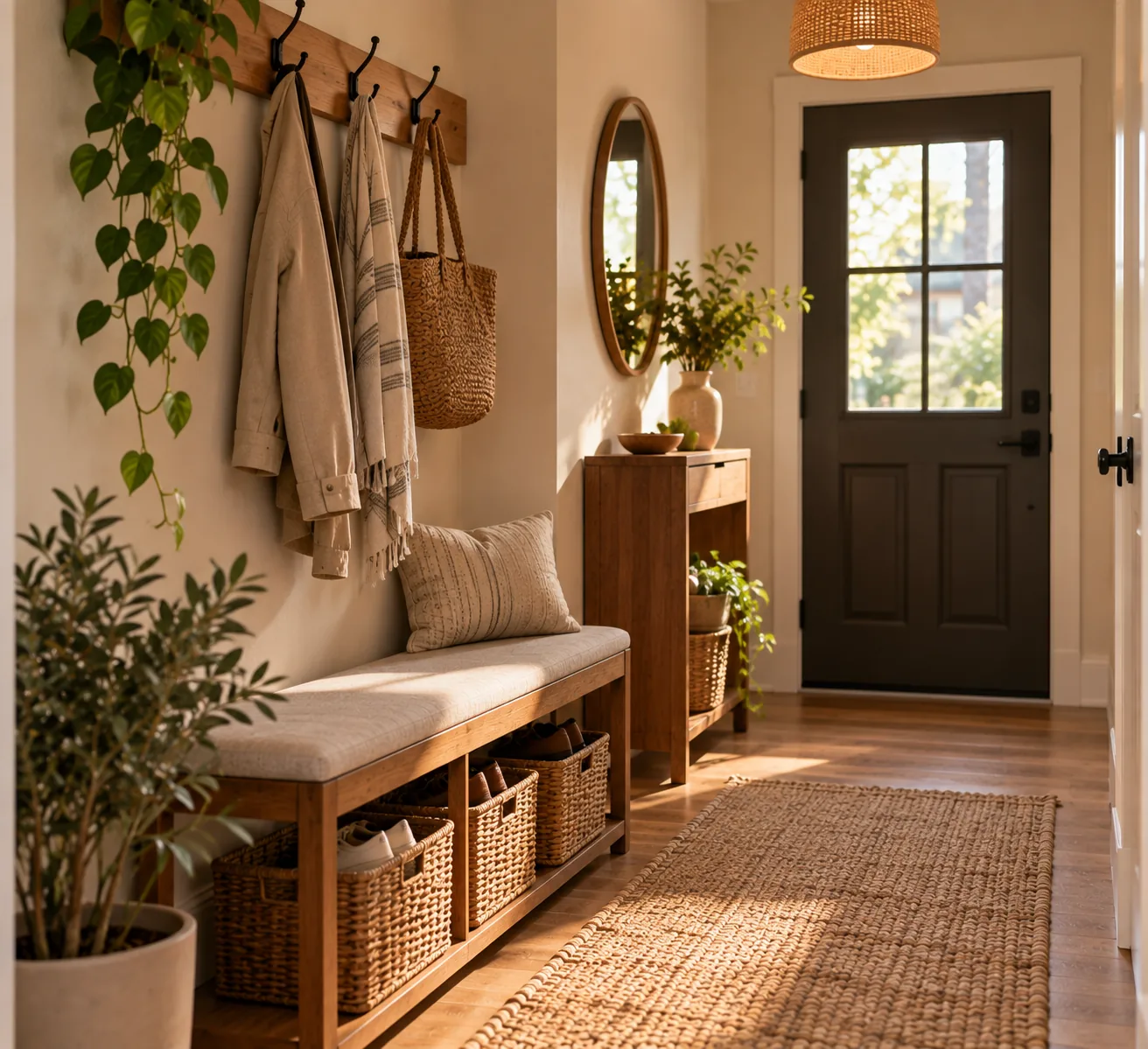 A small entryway with no closet, using wall-mounted hooks, a narrow bench, and baskets underneath to handle coats, seating and shoe storage
