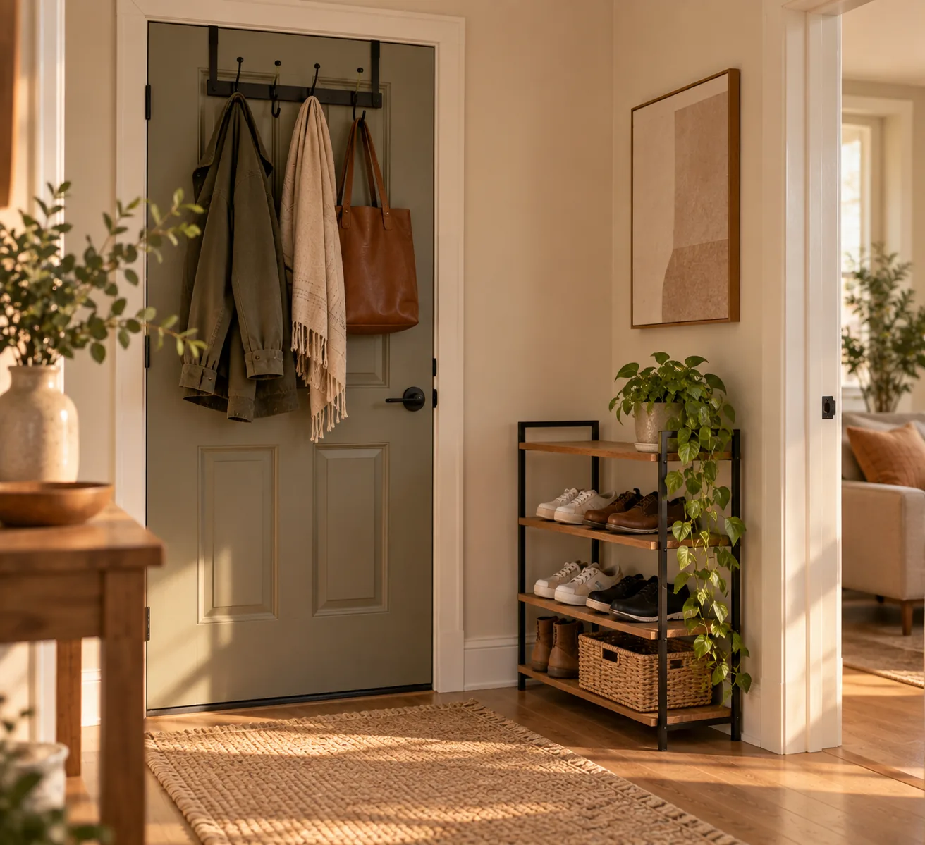 A rental entryway using an over-the-door hook rack and a freestanding shoe rack, requiring no wall damage or permanent installation