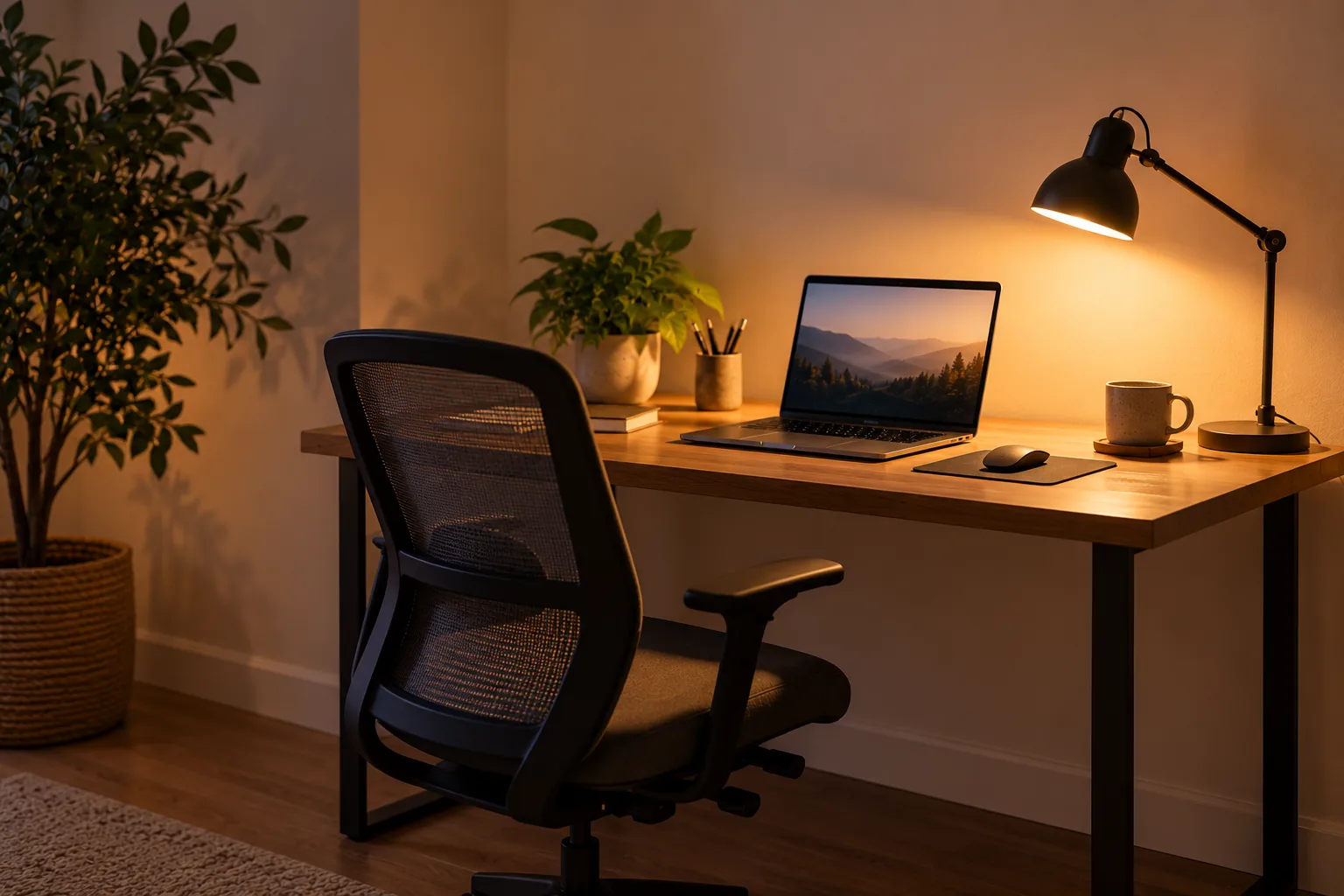 A small dedicated desk corner with a warm desk lamp turned on, signaling the start of a work session