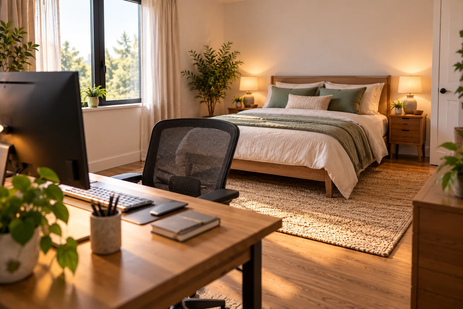 A home office desk positioned facing a bed in a guest room, creating a constant visual distraction while working