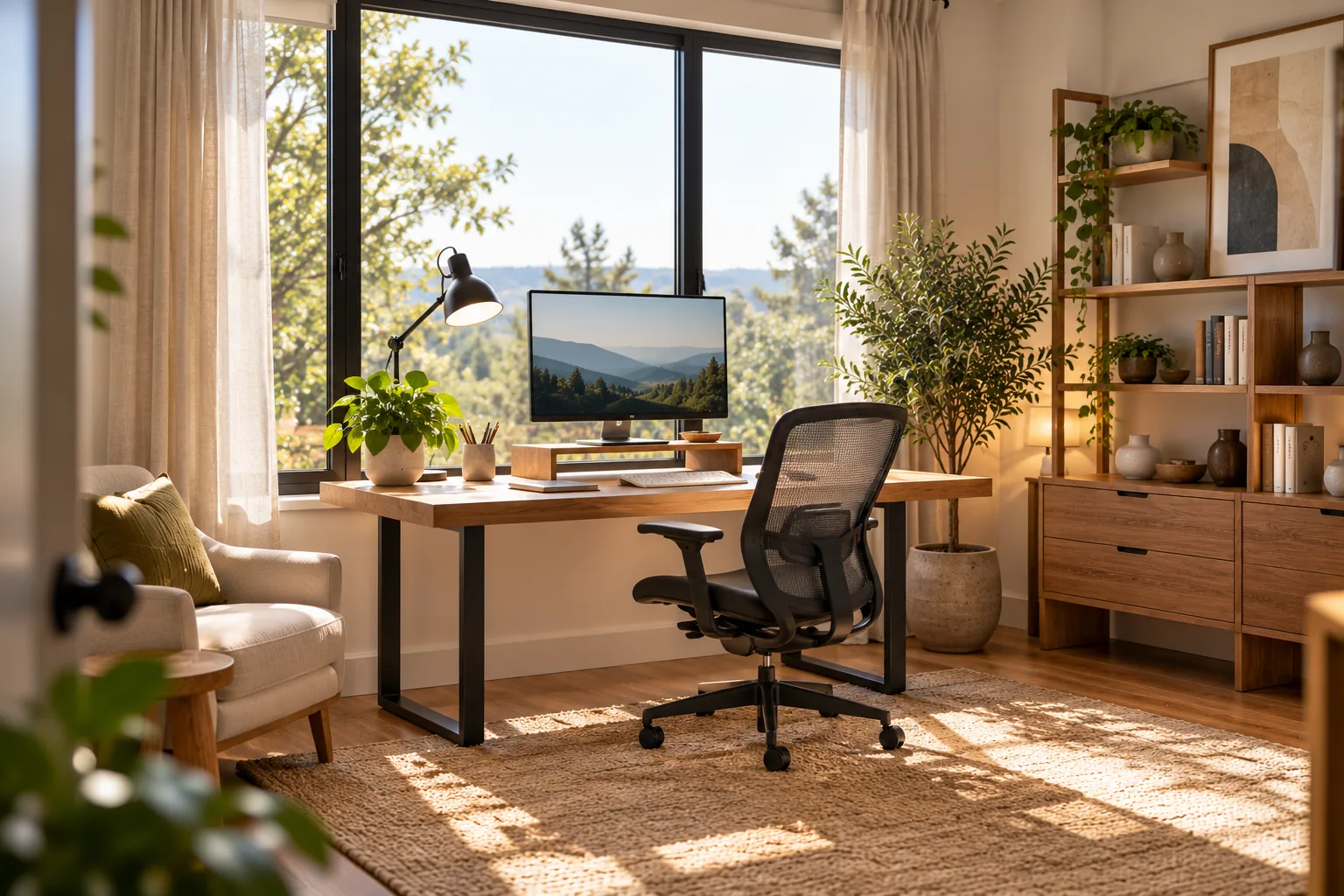 A well-proportioned home office with a desk facing a window, a monitor on a riser, and a desk lamp turned on