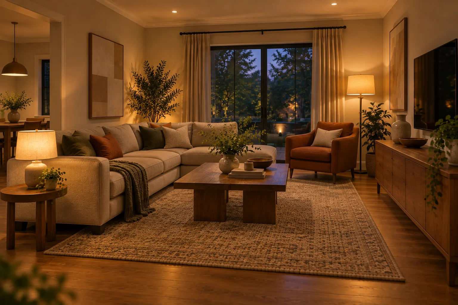 A living room in the evening lit by three distinct sources at different heights