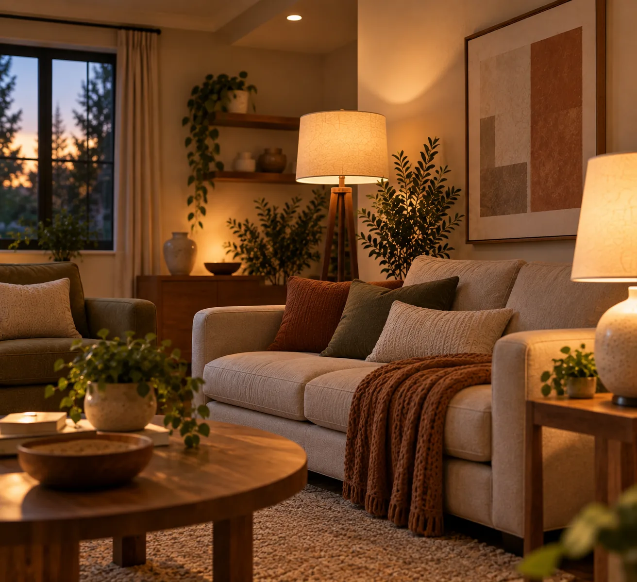 A living room lit by a floor lamp, a table lamp, and soft overhead light together, each at a different height, creating layered light in the evening