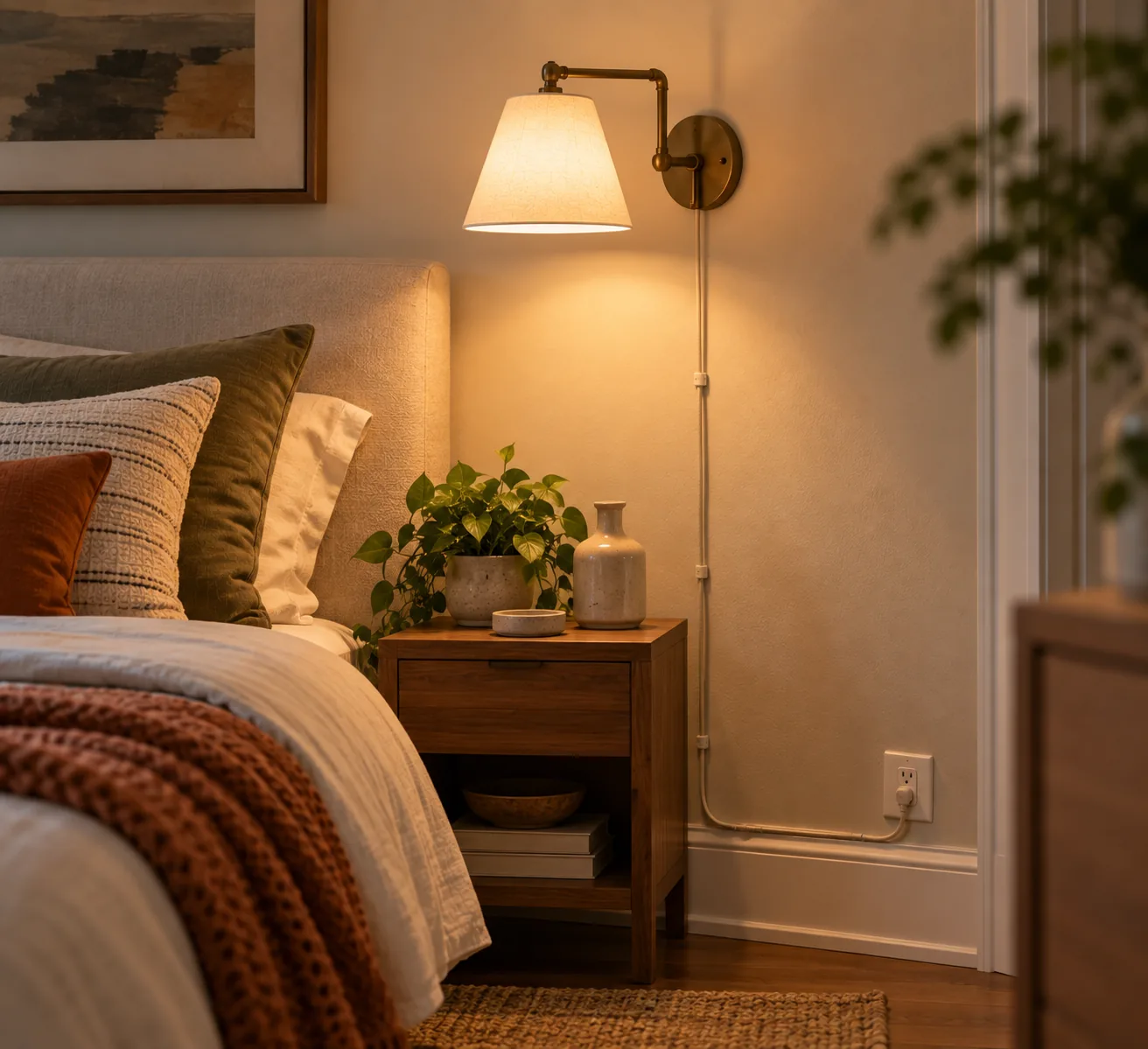 A plug-in wall sconce with a visible cord neatly routed along the wall trim, adding task lighting beside a bed without any hardwired electrical work