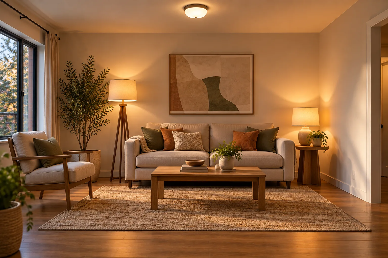 A finished living room with a rug anchoring the seating area, layered lamp lighting, and tall art and a plant adding height