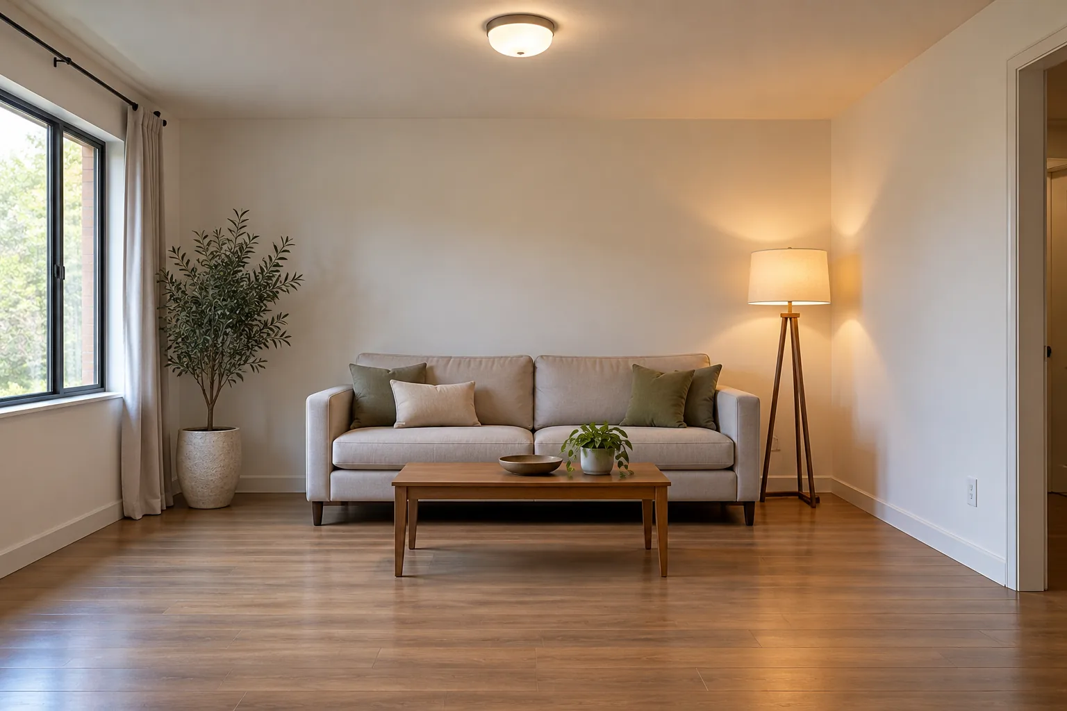 A furnished but flat living room with no rug, only overhead lighting, and bare walls
