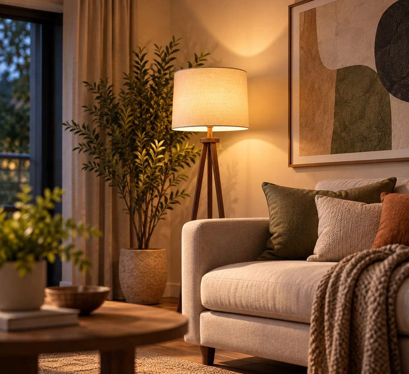 A corner of a living room with a floor lamp turned on beside a tall plant and framed art, adding warm layered light