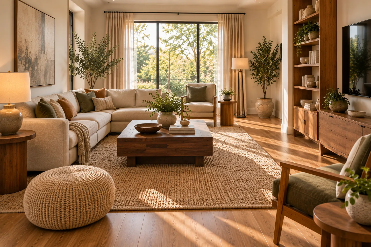A living room successfully mixing two or three warm wood tones sharing the same undertone