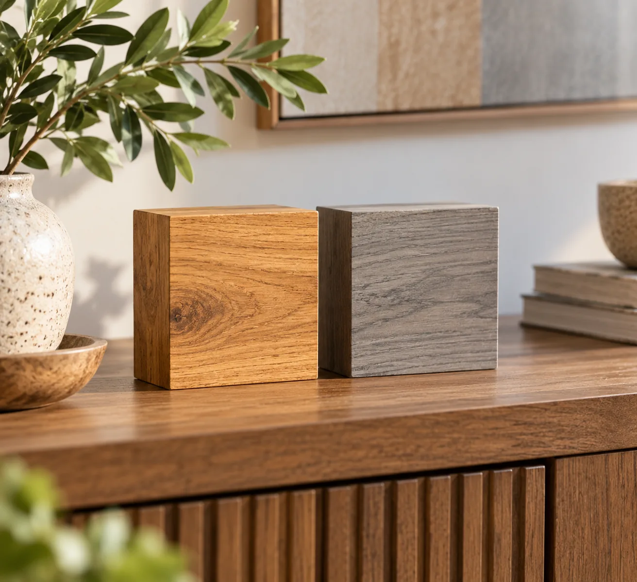 A close side-by-side comparison of a warm honey-toned wood surface and a cool grey-toned wood surface, showing the undertone difference