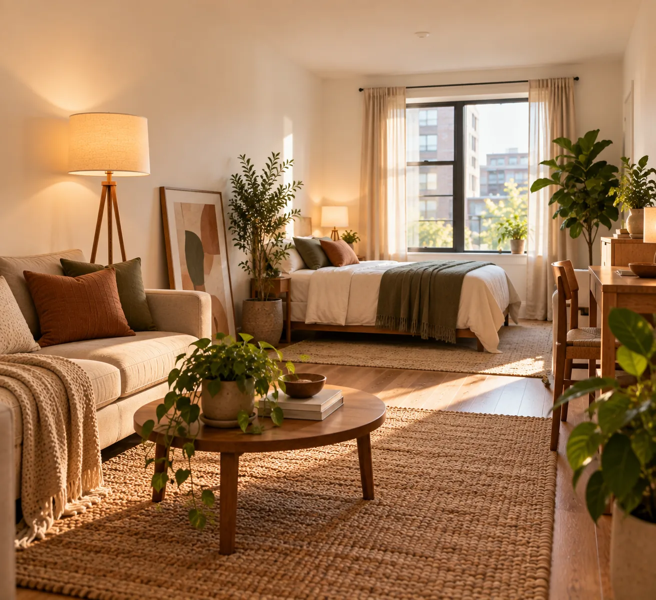 A rental studio with plain white walls made warm through a large rug, layered lamp lighting, leaned art, and a few plants, with nothing mounted to the walls