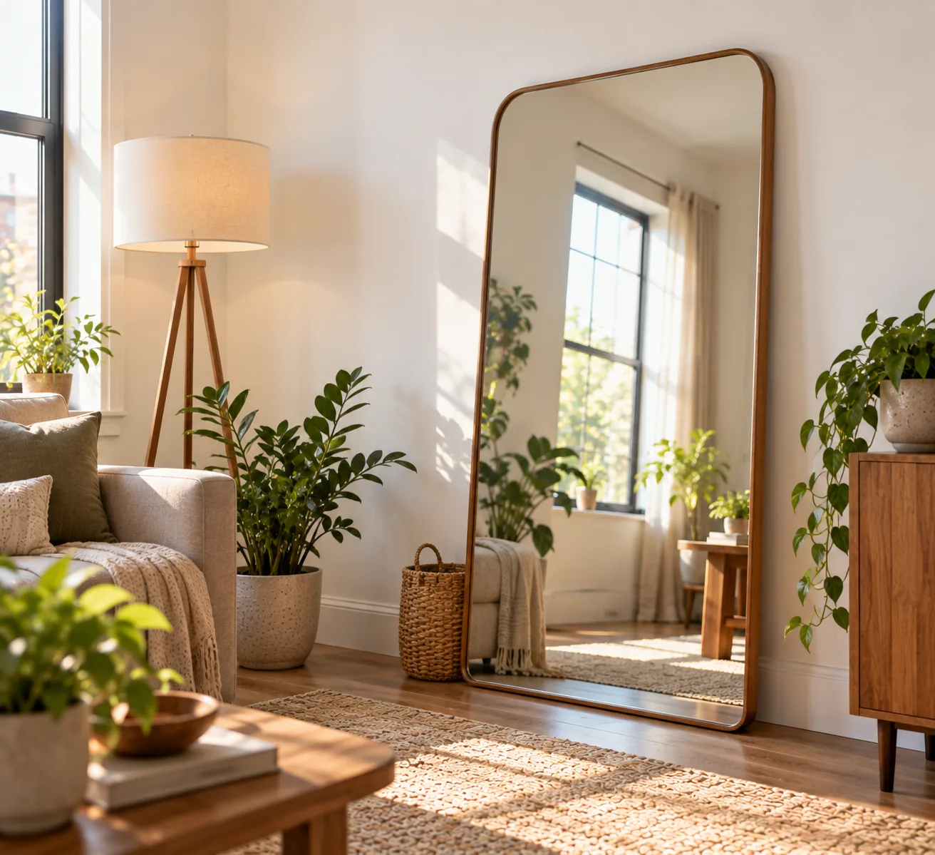 A large mirror leaning against a rental apartment wall instead of being mounted, reflecting light without any wall damage