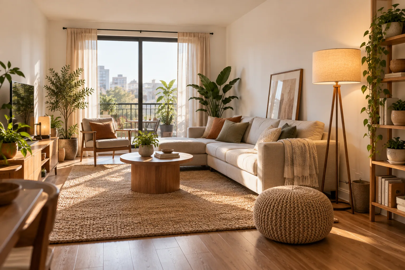 A rental living space made warm entirely through non-permanent additions — rug, lamp, leaned art, plants