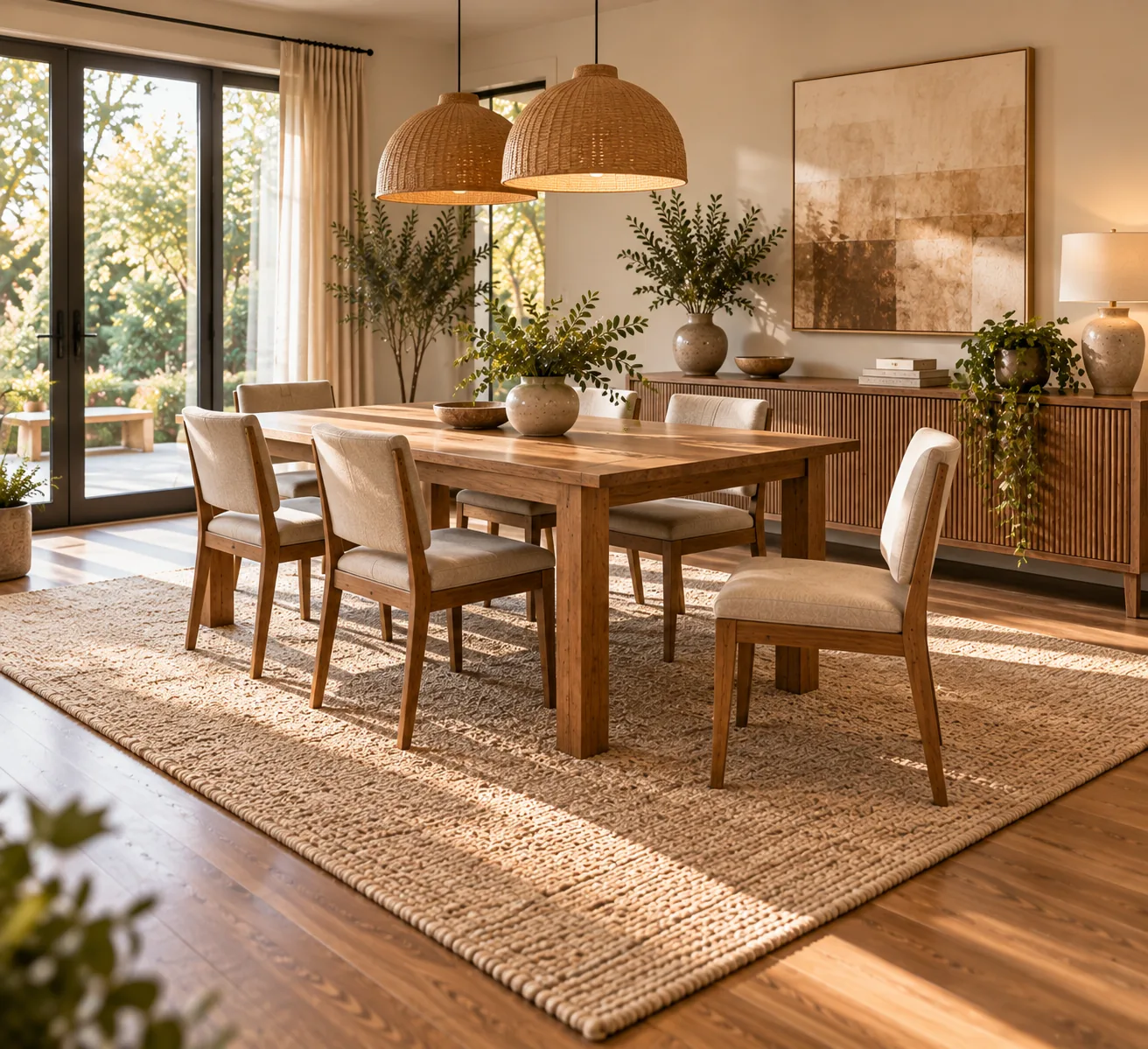 A dining table and chairs fully contained on a large area rug, with the chairs still resting on the rug even when pulled out from the table