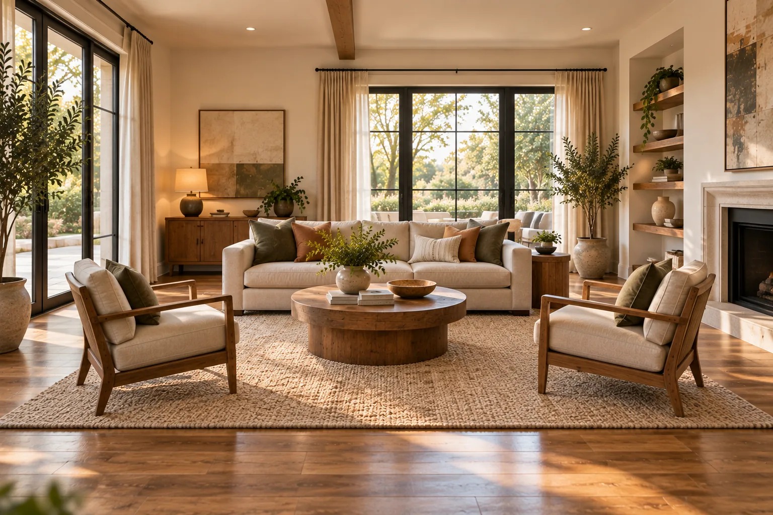 A living room with a large area rug correctly sized so the entire seating group rests on it