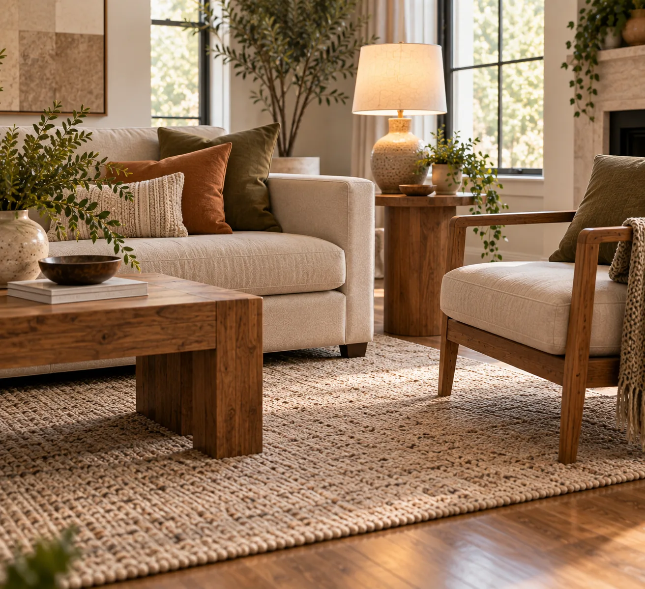 A living room sofa and armchair with their front legs resting fully on a large area rug, correctly anchoring the seating group