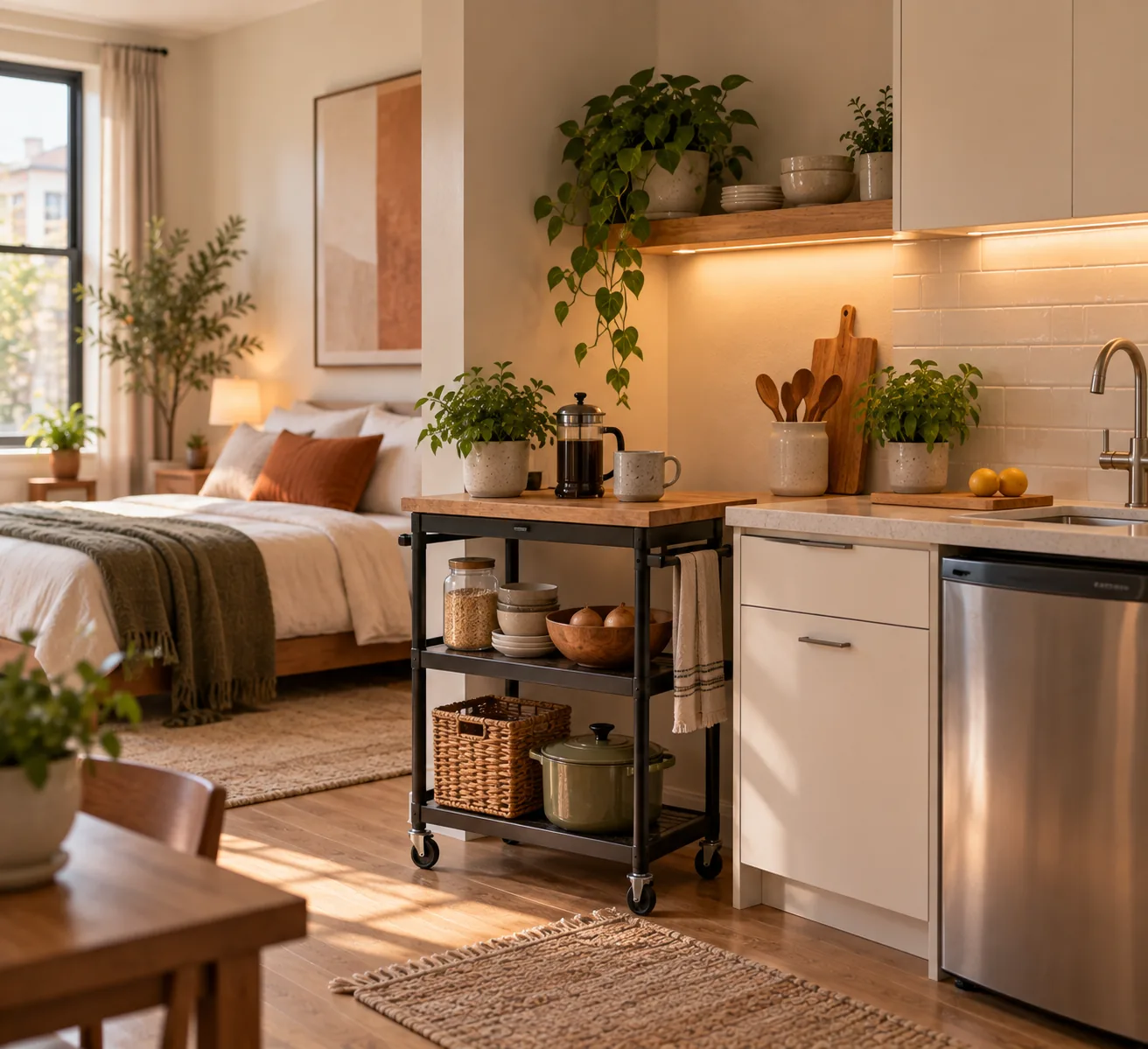 A slim rolling utility cart with shelves parked beside a small kitchenette counter, adding storage and workspace without permanent installation