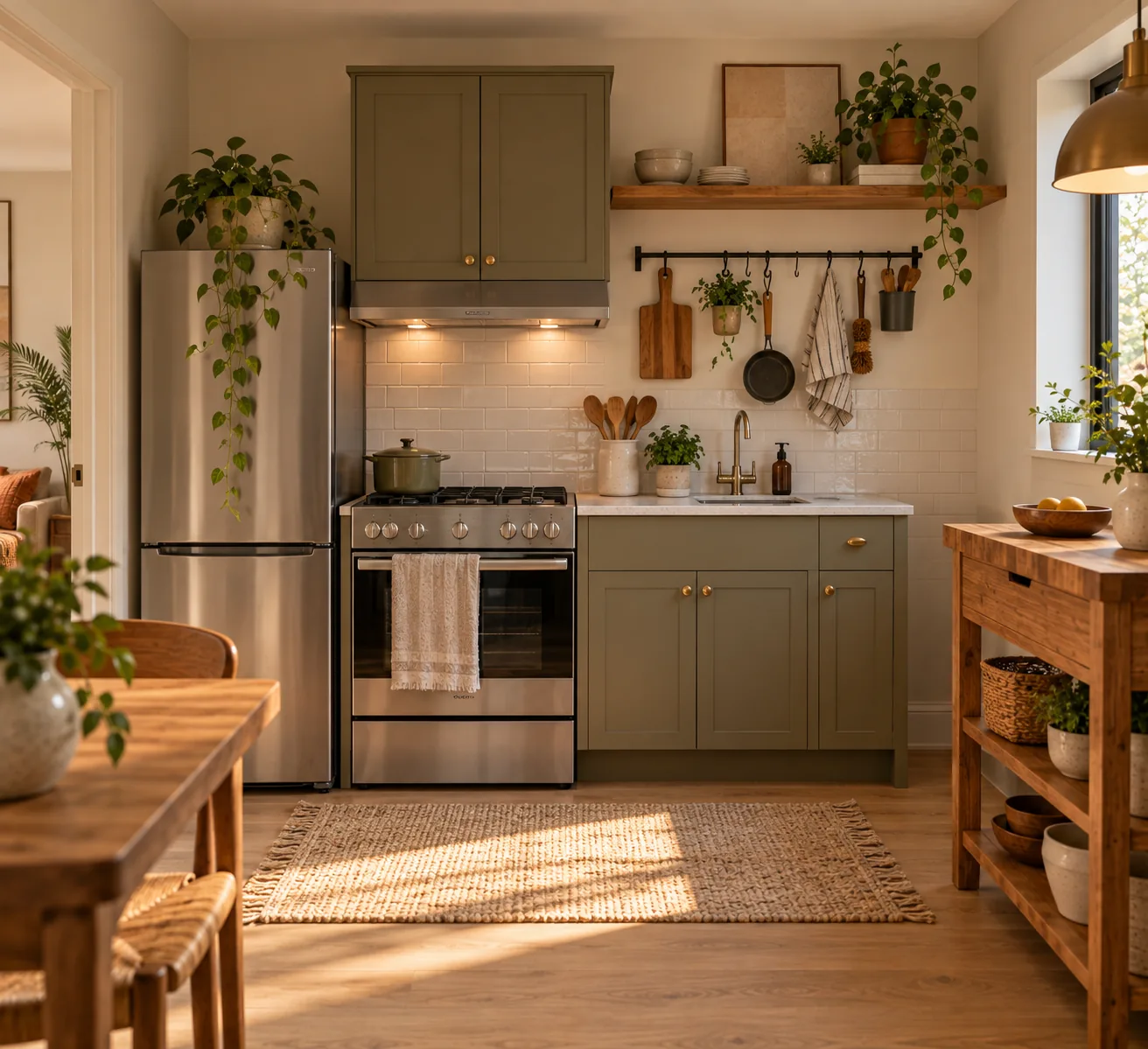A small kitchen with only one short run of upper cabinets, organized well with a rail and floating shelf