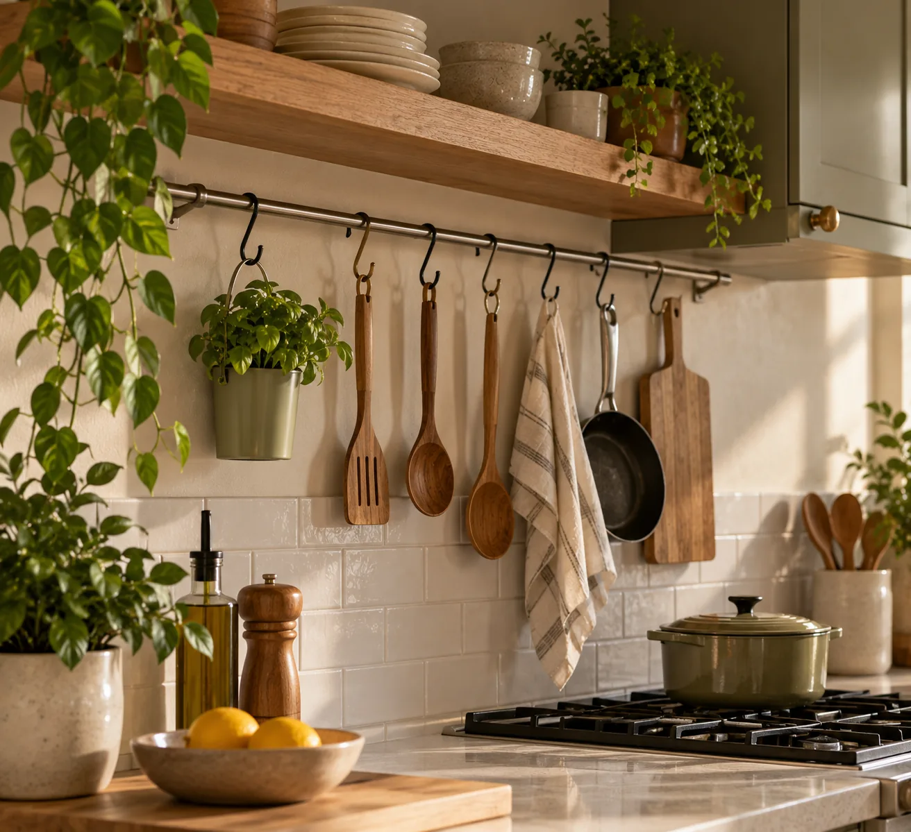 A small kitchen wall fitted with a wall-mounted rail holding hanging hooks for utensils and small pots, freeing up drawer space