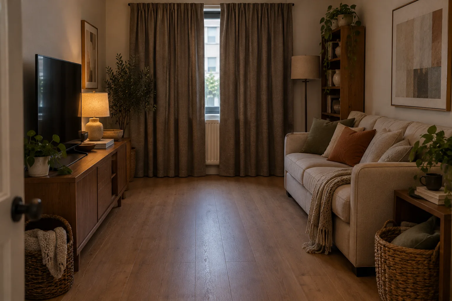 A small living room showing several common design mistakes at once — furniture against the walls, heavy curtains blocking light