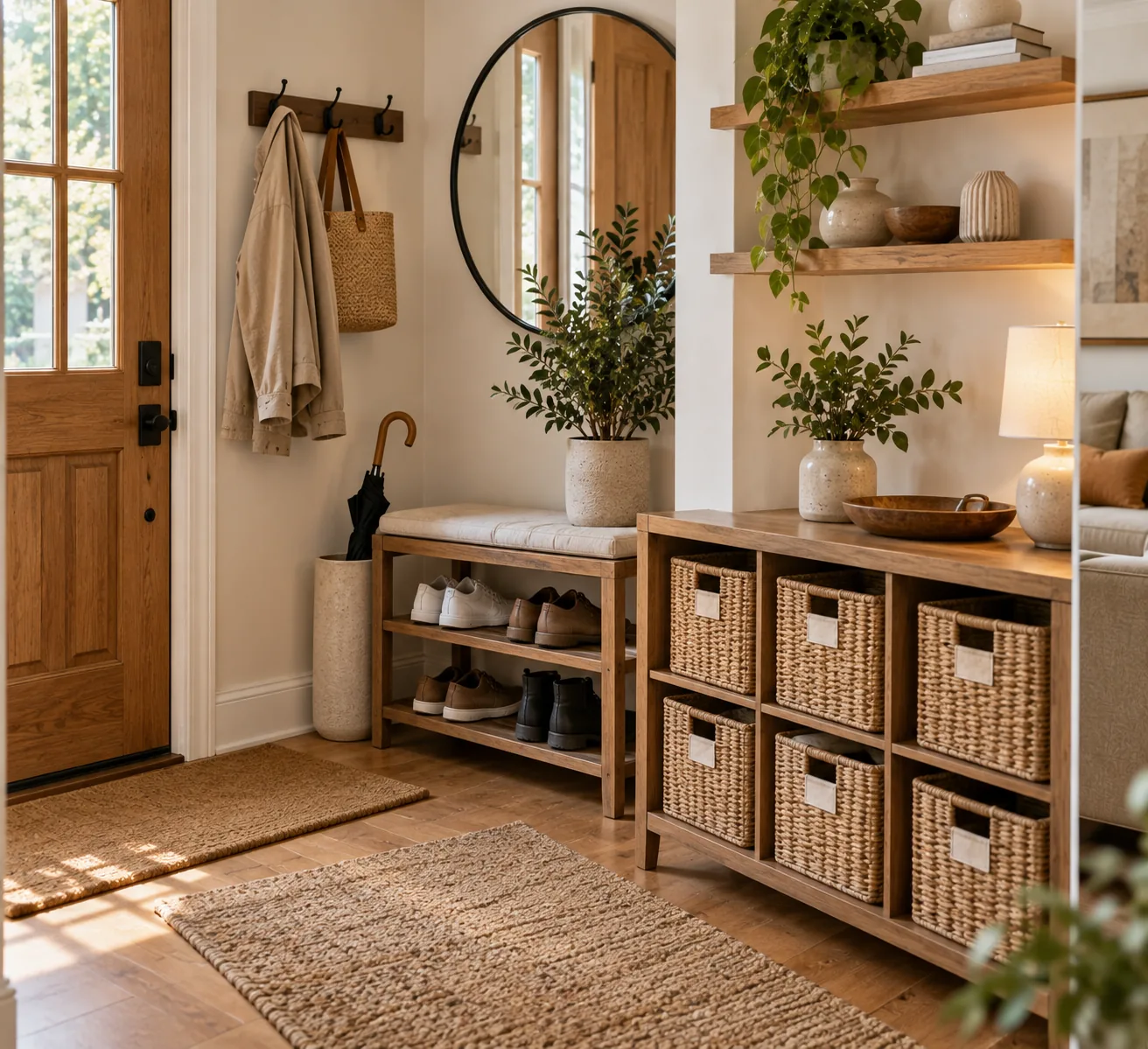 A small space with a well-organized storage system, every item with a clear designated spot instead of loose clutter on visible surfaces