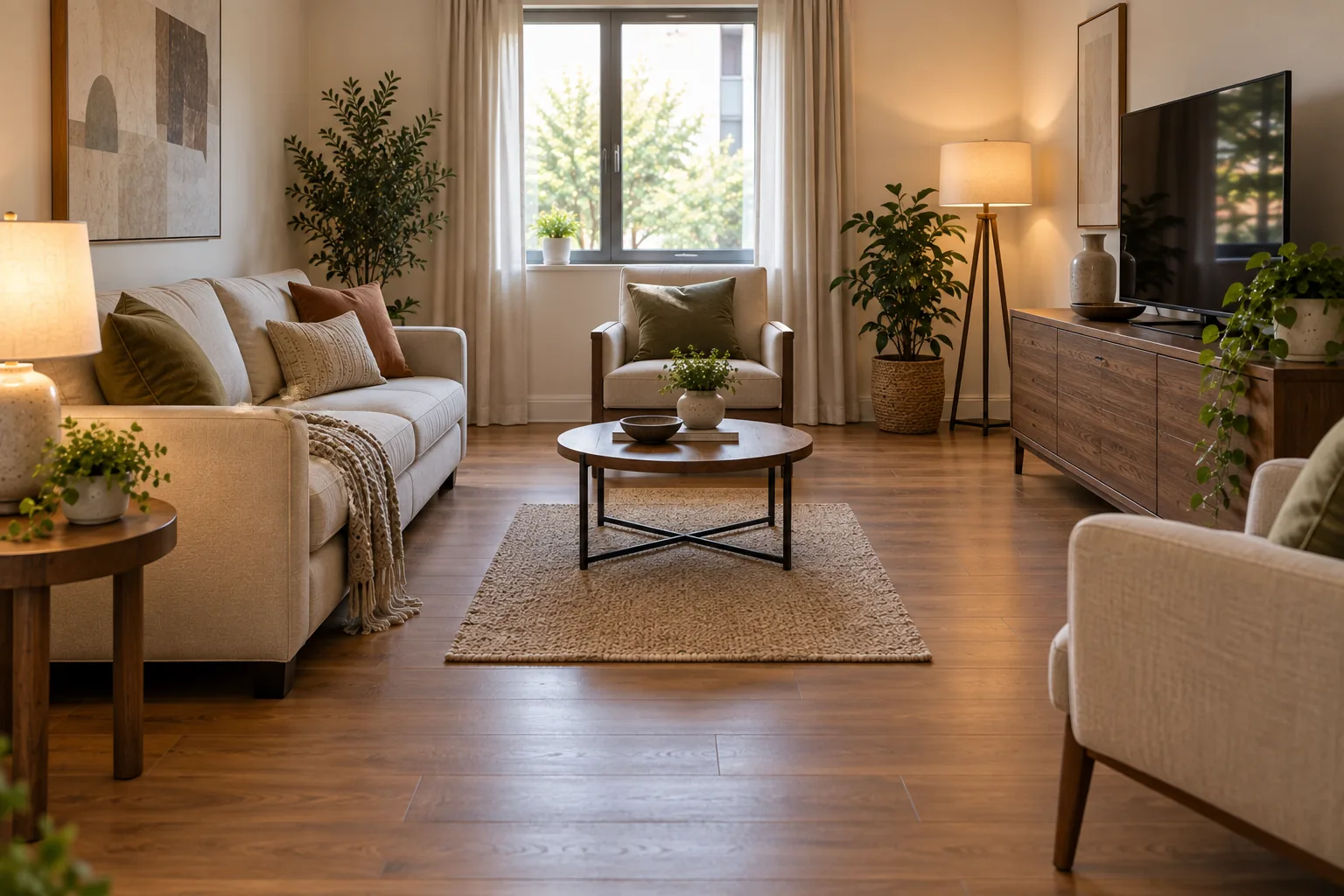 A small living room with an undersized rug floating in the middle of the seating area, disconnected from the furniture around it